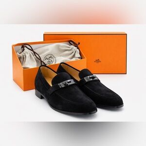 Hermes Suede Black Loafers Men Size 41 1/2 Mocassin Veau Epsom Destin Authentic